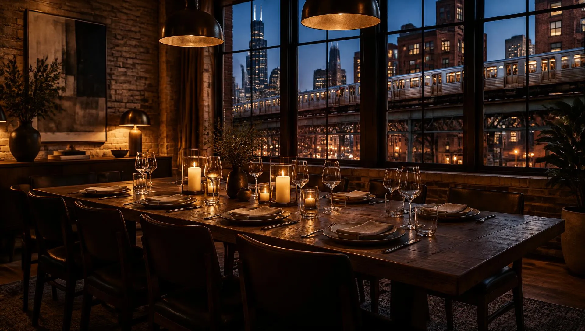 An empty loft dining room set for dinner by candlelight, with an elevated train and Willis Tower outside the windows