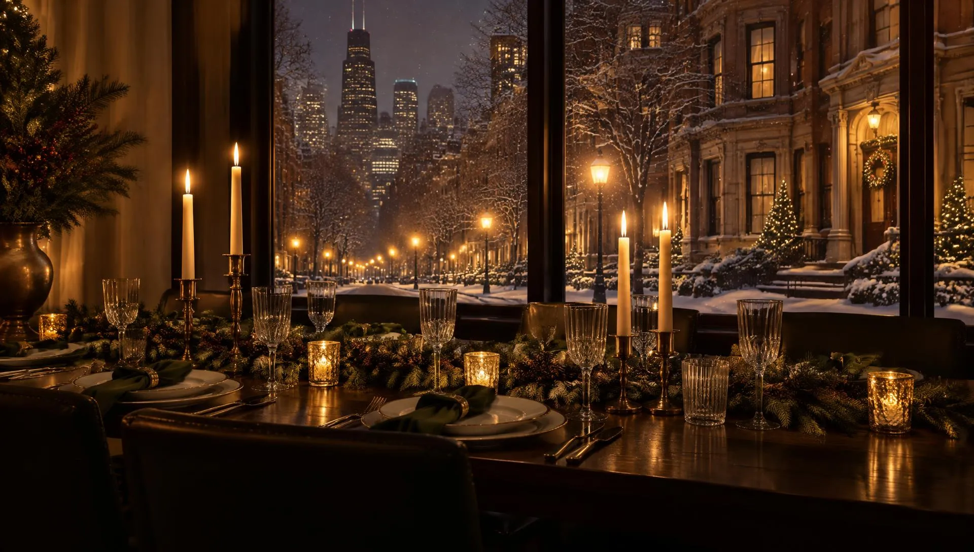 A candlelit holiday table with pine garland and empty glasses by a window, snow falling on a Chicago street and skyline outside