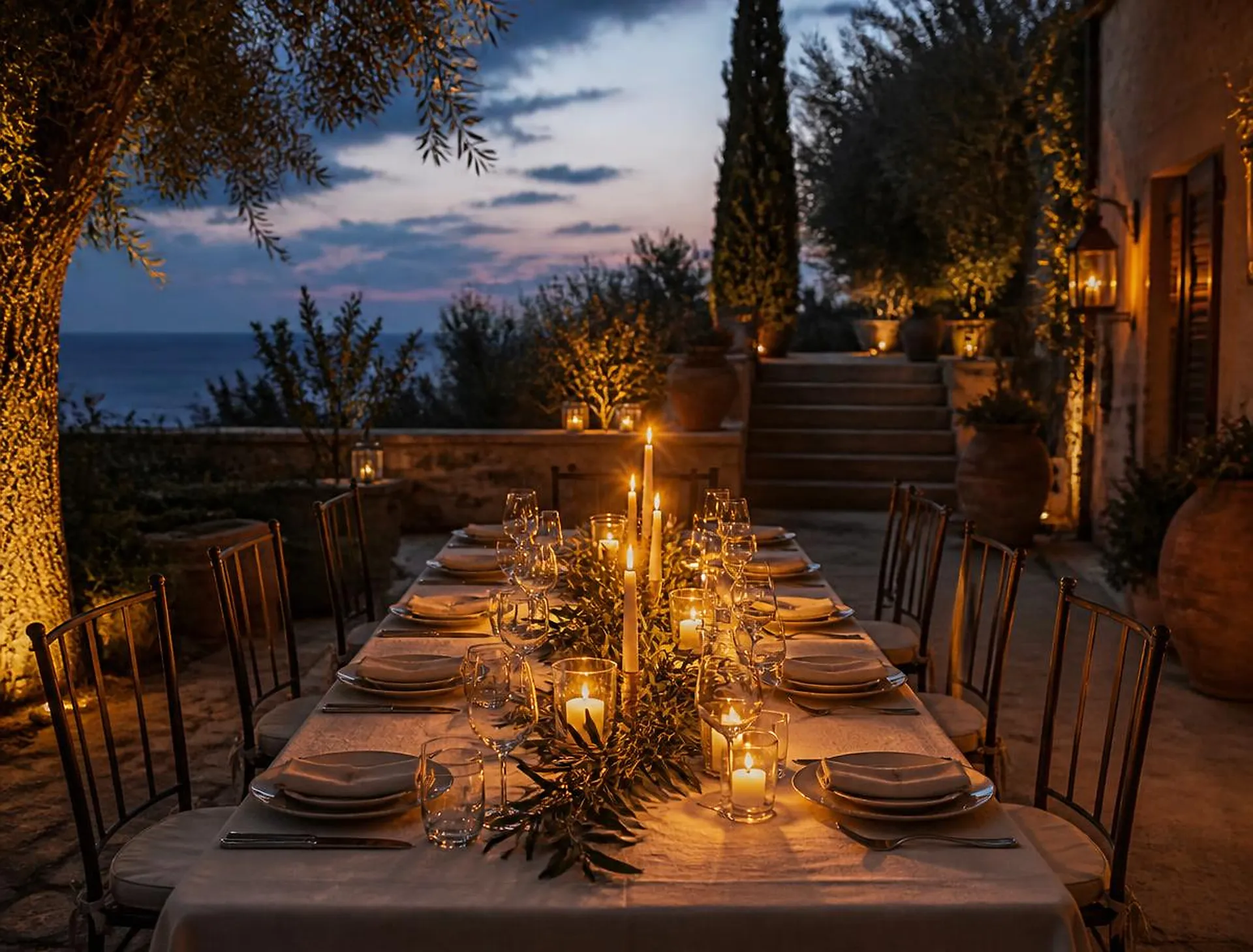 Candlelit private dinner table set for guests