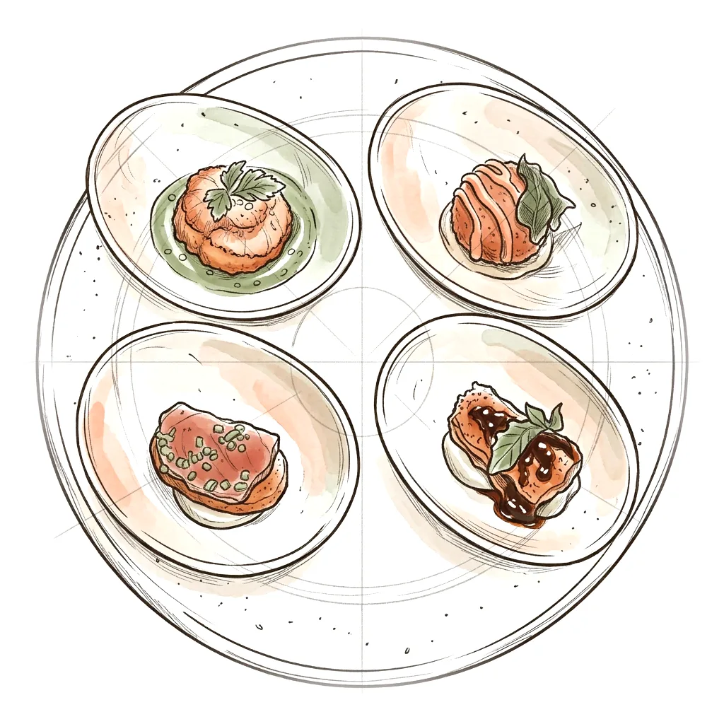 Ink sketch of four canapés in small white oval dishes