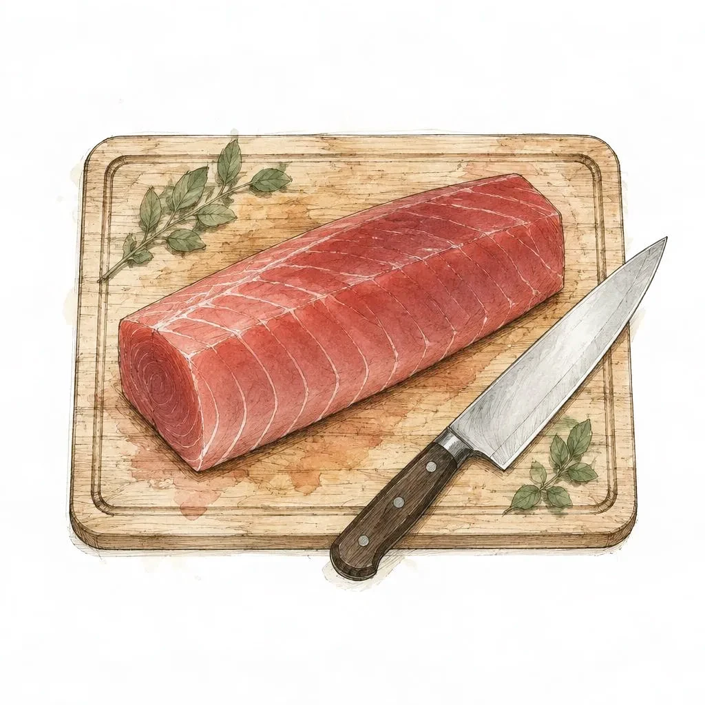 Ink and watercolour sketch of a trimmed tuna loin on a wooden board, a chef's knife beside it