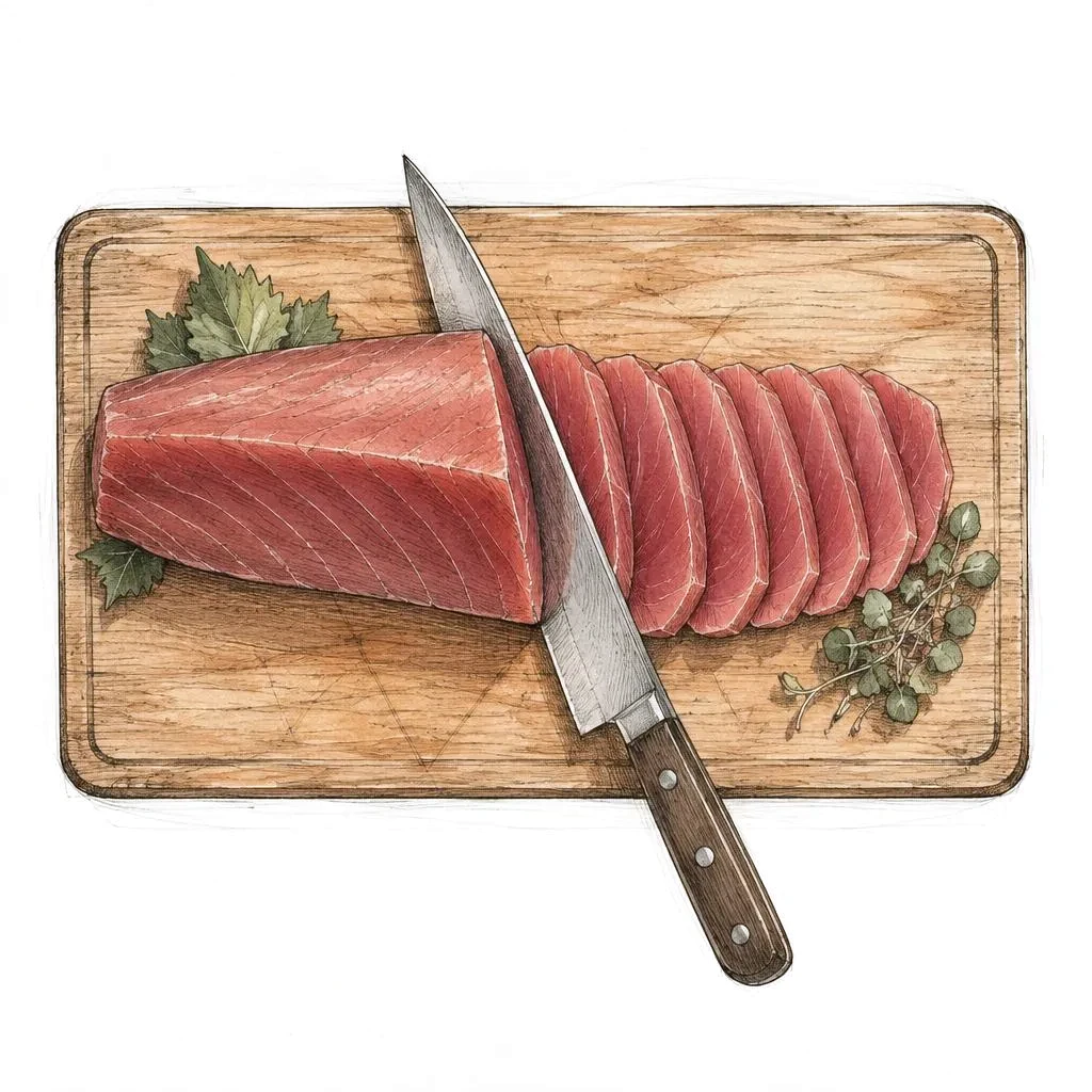 Ink and watercolour sketch of a knife slicing through the tuna loin, a neat row of slices beside it