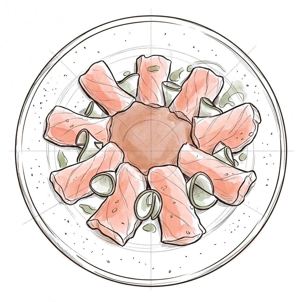 Ink and watercolour sketch of tuna slices fanned around a round plate with citrus cream, cucumber curls and herb oil