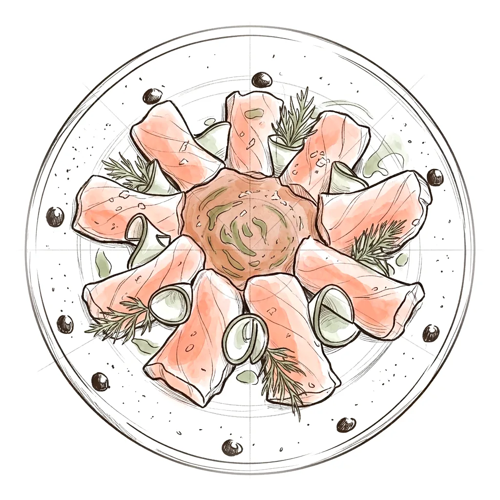 Ink sketch of tuna crudo in a ring with dill, cucumber and black olive dots