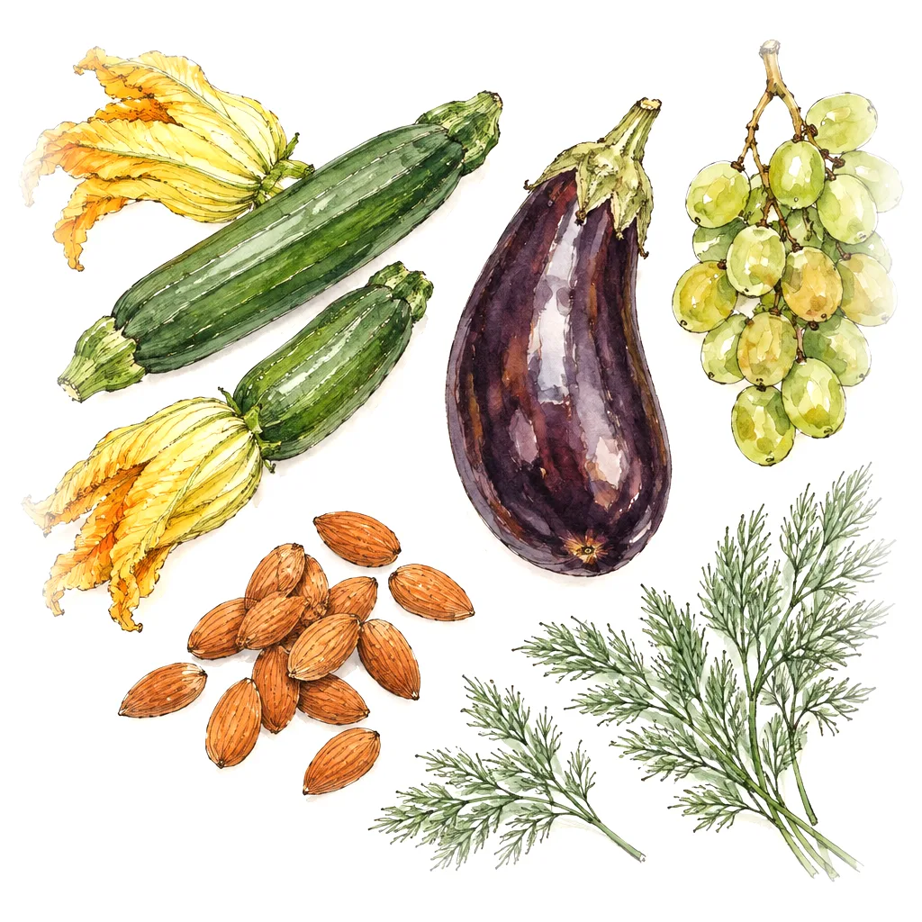 Ink sketch of courgettes with their flowers, an aubergine, green grapes, almonds and dill