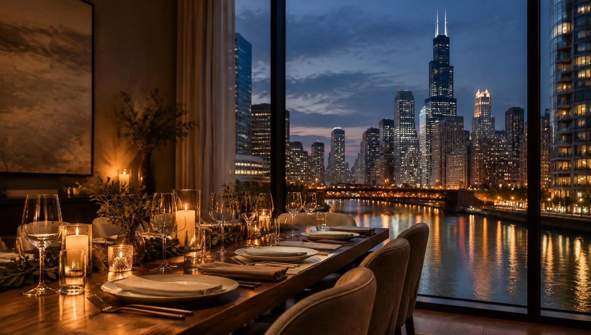 A candlelit dinner table set with empty plates and glasses beside a window overlooking the Chicago River and Willis Tower at dusk