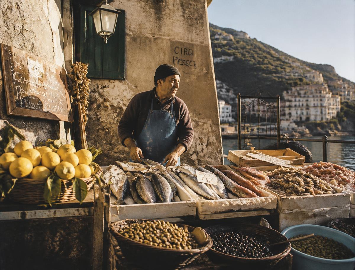 Market stall with fresh fish, lemons and olives