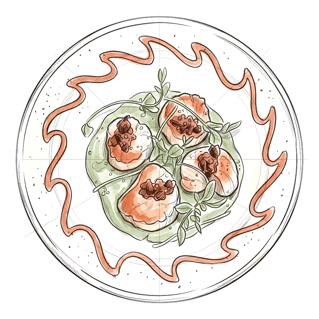Seared scallops with herb oil and microgreens on a hand-painted plate
