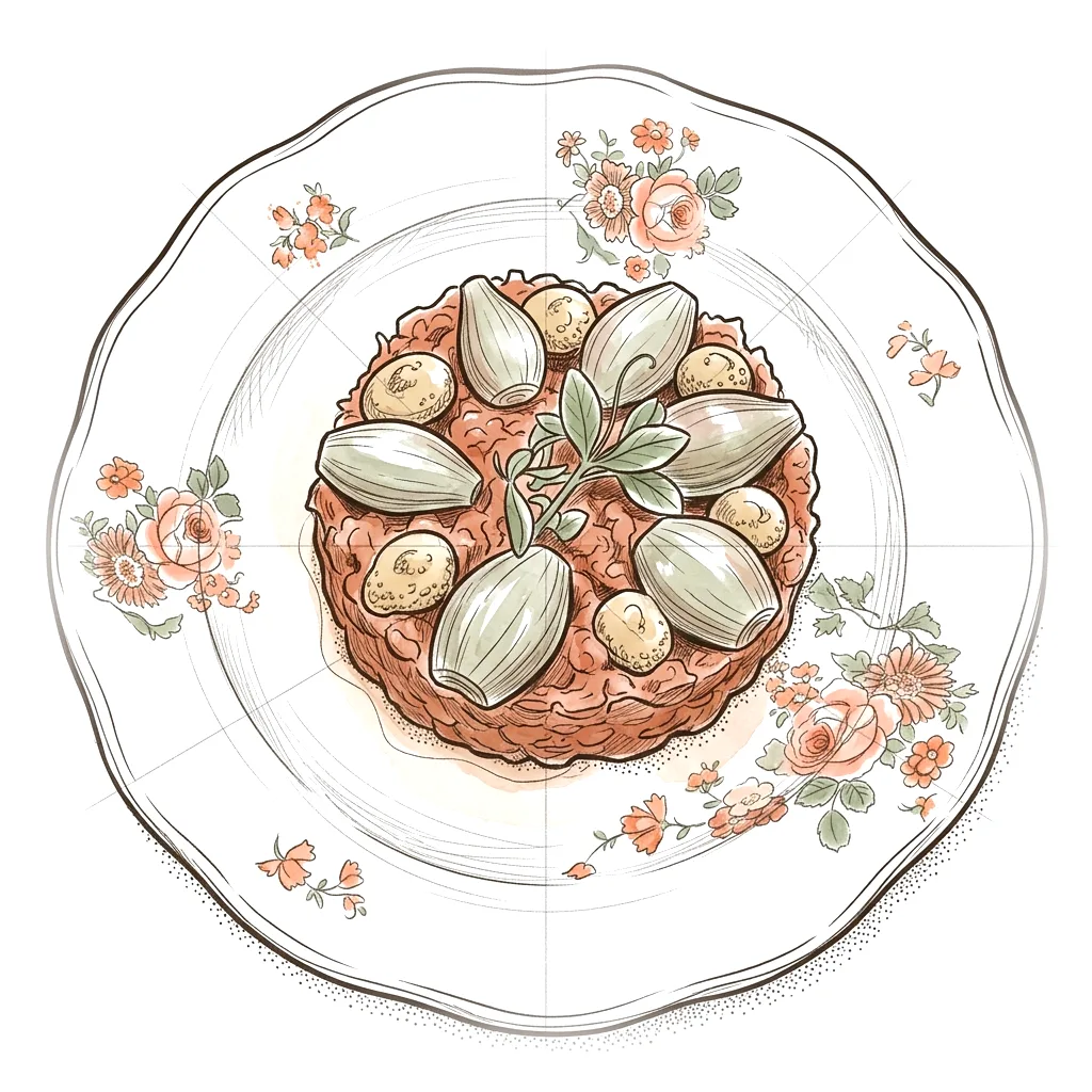 Ink sketch of beef tartare with pickled shallots on a floral-rimmed plate